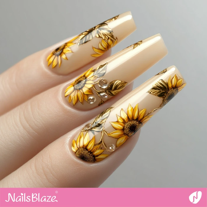 X-long Nails Sunflower Design | Thanksgiving Sunflower Nails - NB6243