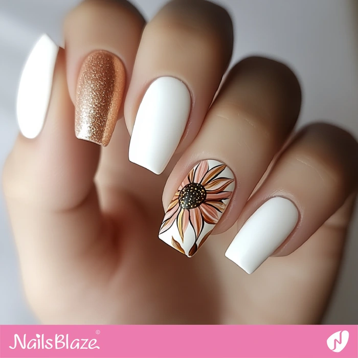 Nails with Sunflower Accent | Thanksgiving Sunflower Nails - NB6245