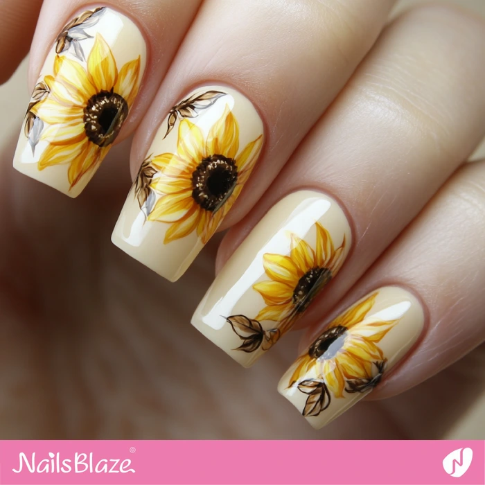 Short Glossy Sunflower Nails | Thanksgiving Sunflower Nails - NB6248