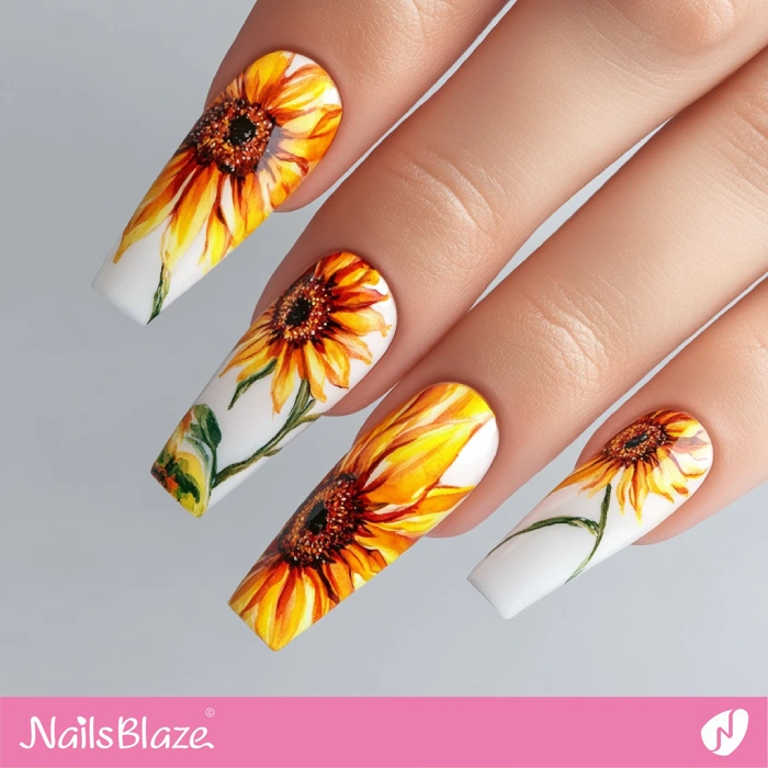 White Nails Painted in Sunflowers | Thanksgiving Sunflower Nails - NB6231