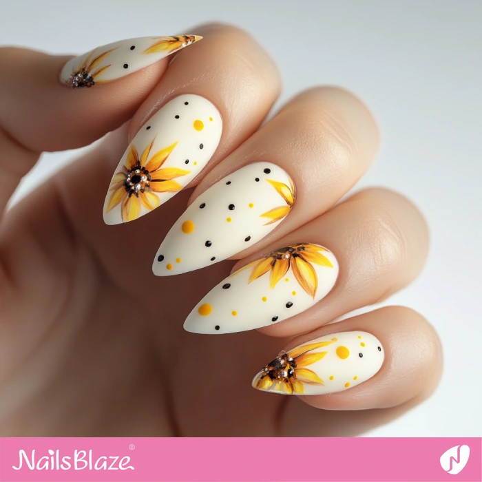 Matte Nails with Sunflowers and Dots | Thanksgiving Sunflower Nails - NB6232