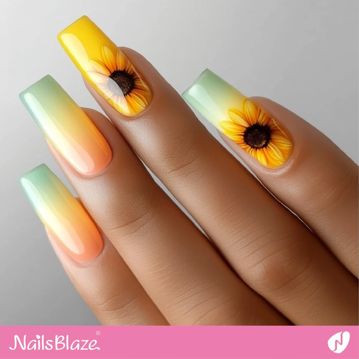 Sunflower Design for Beautiful Ombre Nails | Thanksgiving Sunflower Nails - NB6233