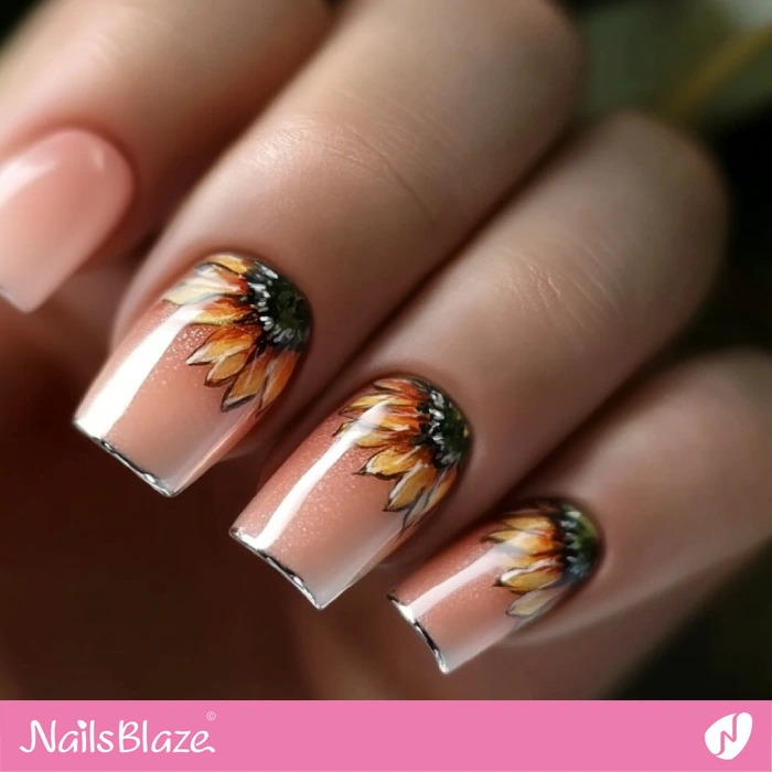 Short Stylish Nails Half Sunflower Design | Thanksgiving Sunflower Nails - NB6234