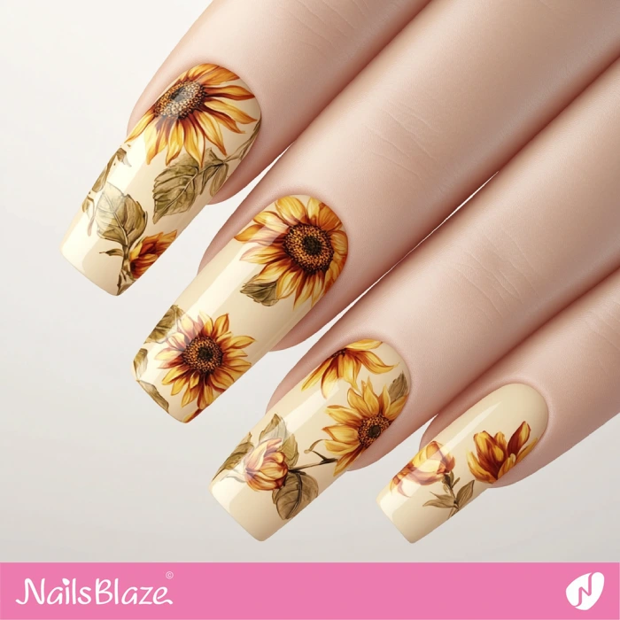 Vintage Sunflower Nails Design | Thanksgiving Sunflower Nails - NB6235