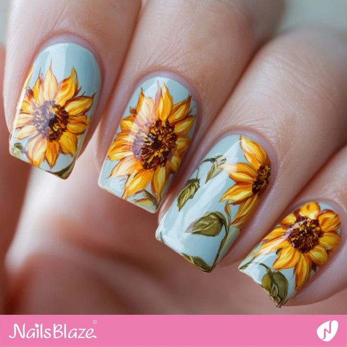 Classic Sunflower Design for Short Blue Nails | Thanksgiving Sunflower Nails - NB6236