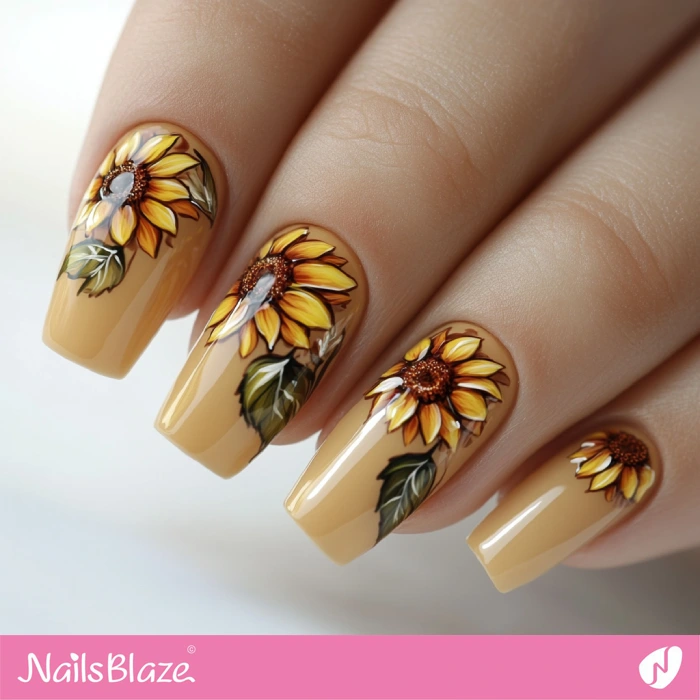 Glossy Neutral Nails with Sunflowers | Thanksgiving Sunflower Nails - NB6237