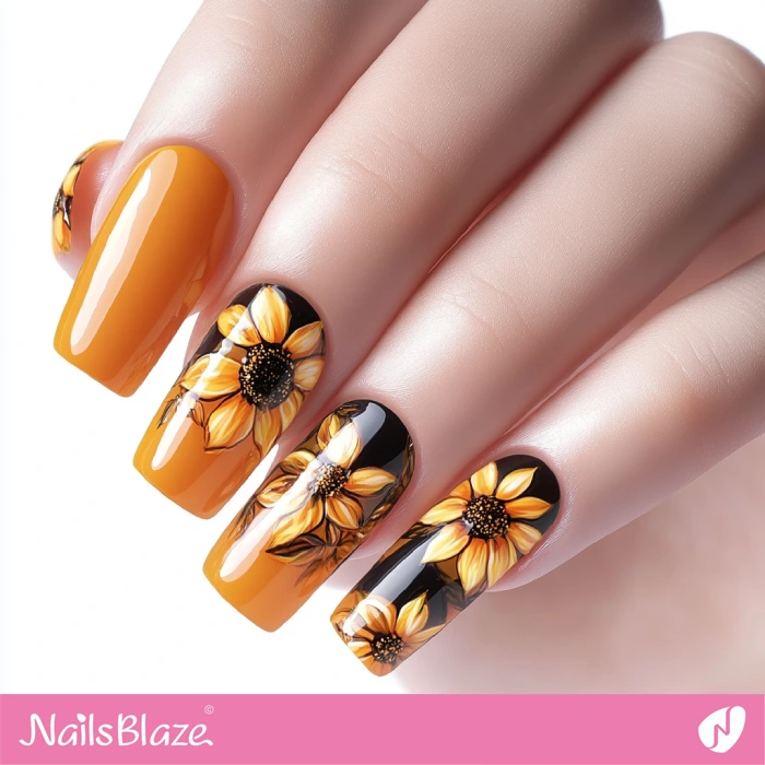 Sunflower Design for Glossy Orange Nails | Thanksgiving Sunflower Nails - NB6238