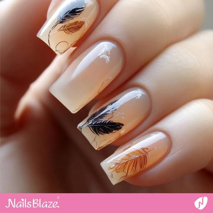 Nude Nails with Turkey Feather Design | Thanksgiving Turkey Nails - NB6344