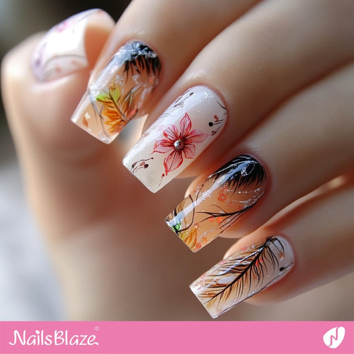 Square Turkey Feather Nails | Thanksgiving Turkey Nails - NB6346