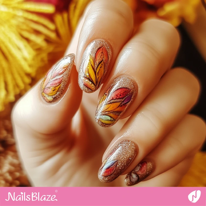 Glitter Turkey Feather Nails Design | Thanksgiving Turkey Nails - NB6347