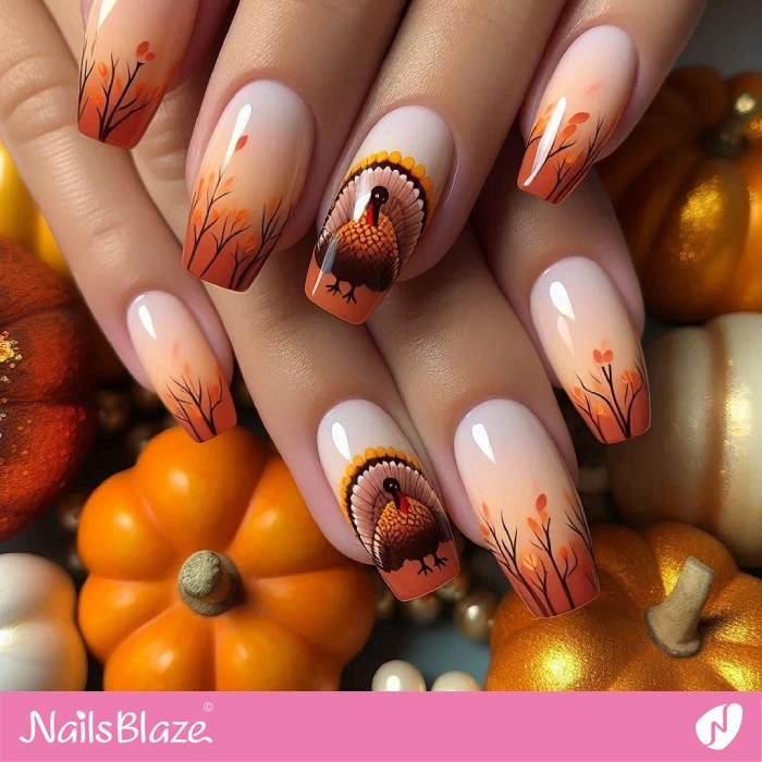 Ombre Tips and Turkey Accents | Thanksgiving Turkey Nails - NB6249