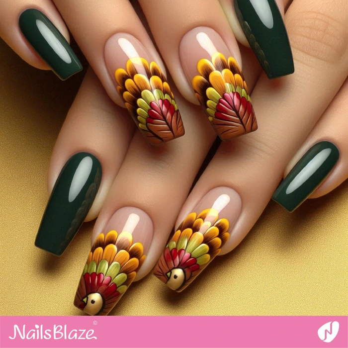 Green Nails Turkey Design | Thanksgiving Turkey Nails - NB6261