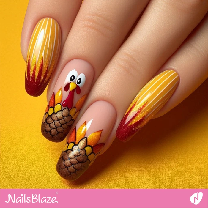 Cute Turkey Design for Yellow Nails | Thanksgiving Turkey Nails - NB6262