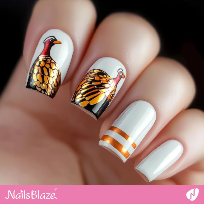 White Nails with Turkey Accents | Thanksgiving Turkey Nails - NB6343