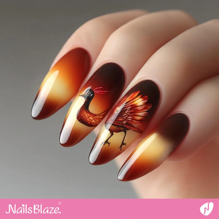 Long Ombre Nails with a Turkey | Thanksgiving Turkey Nails - NB6252