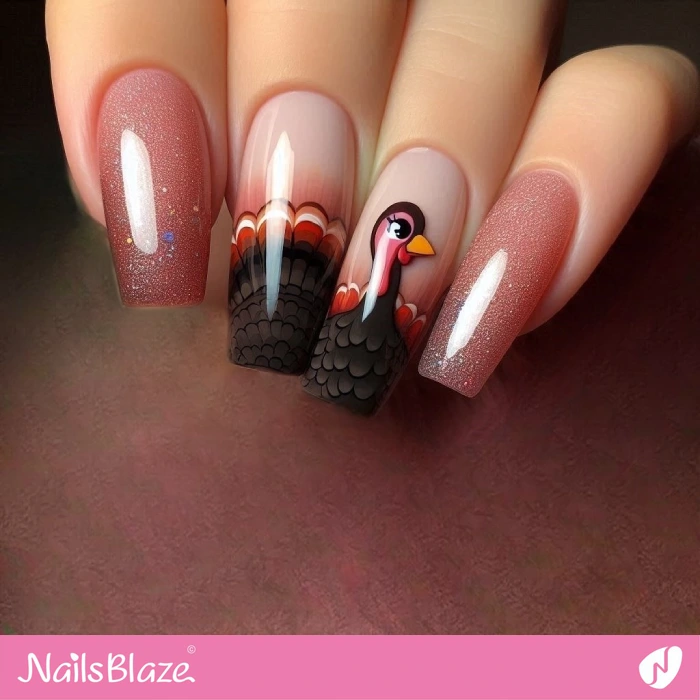 Glossy Turkey Nails with Shimmer Accents | Thanksgiving Turkey Nails - NB6254