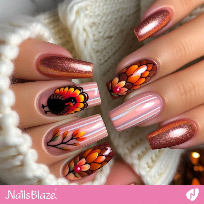 Striped Nails with Turkey Design | Thanksgiving Turkey Nails - NB6256