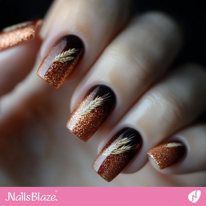 Brown Glitter Nails Wheat Design | Thanksgiving Wheat Nails - NB6290