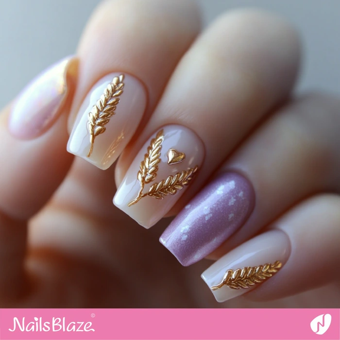 Short Nails with Golden Wheat Design | Thanksgiving Wheat Nails - NB6291