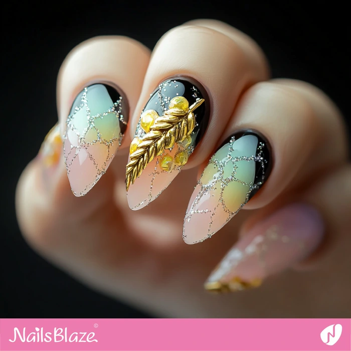 Embellished Gradient Nails with Wheat | Thanksgiving Wheat Nails - NB6293