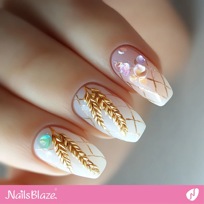 Golden Fishnet Pattern Nails with Wheat | Thanksgiving Wheat Nails - NB6294