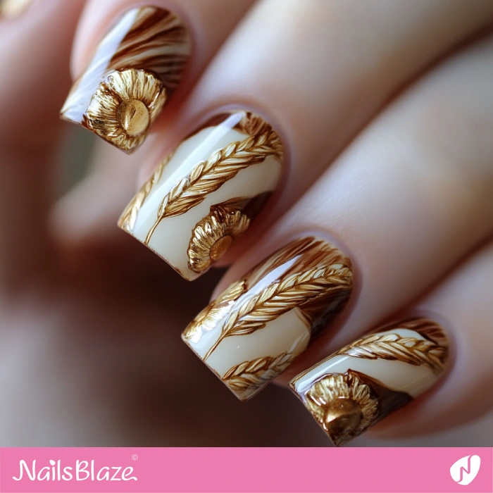 Gold and Brown Wheat Nails | Thanksgiving Wheat Nails - NB6307