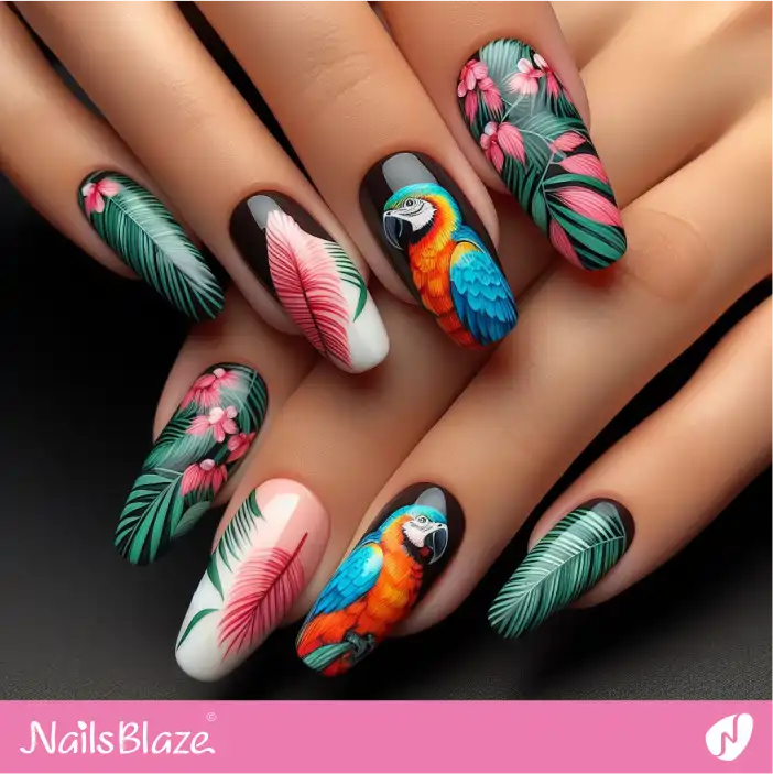 Tropical Parrots with Green Fern Leaf Nail Design|Tropical-NB-D-494
