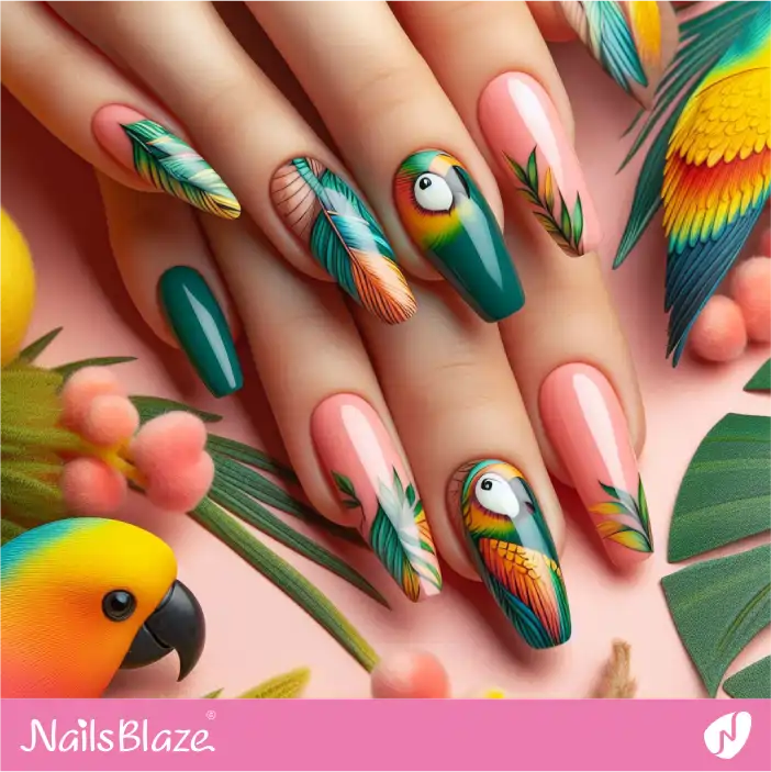 Tropical Parrots Pink and Teal Color Nail Design|Tropical-NB-D-496