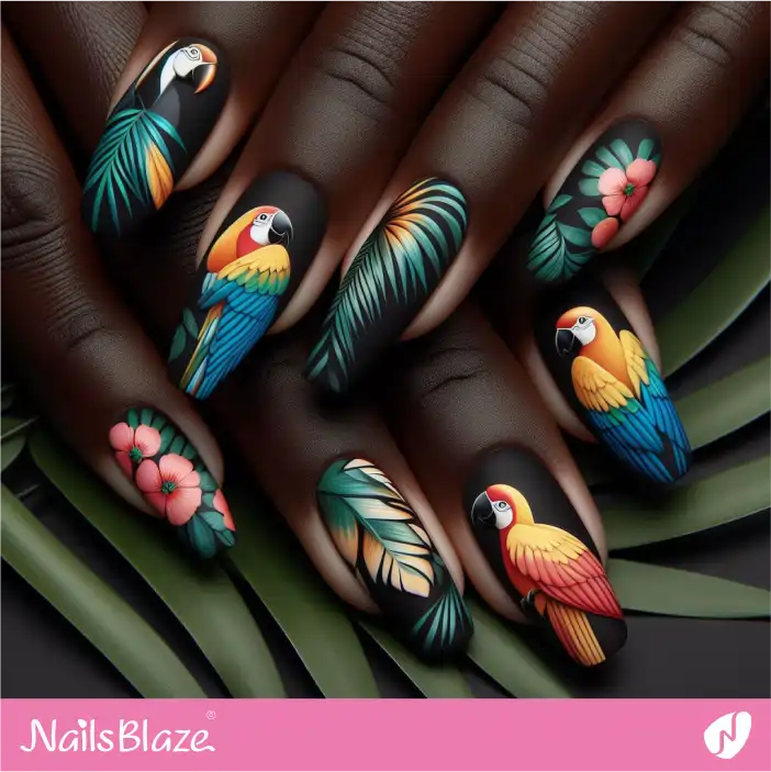 Black Matte Tropical Parrots Nail Design|Tropical-NB-D-497