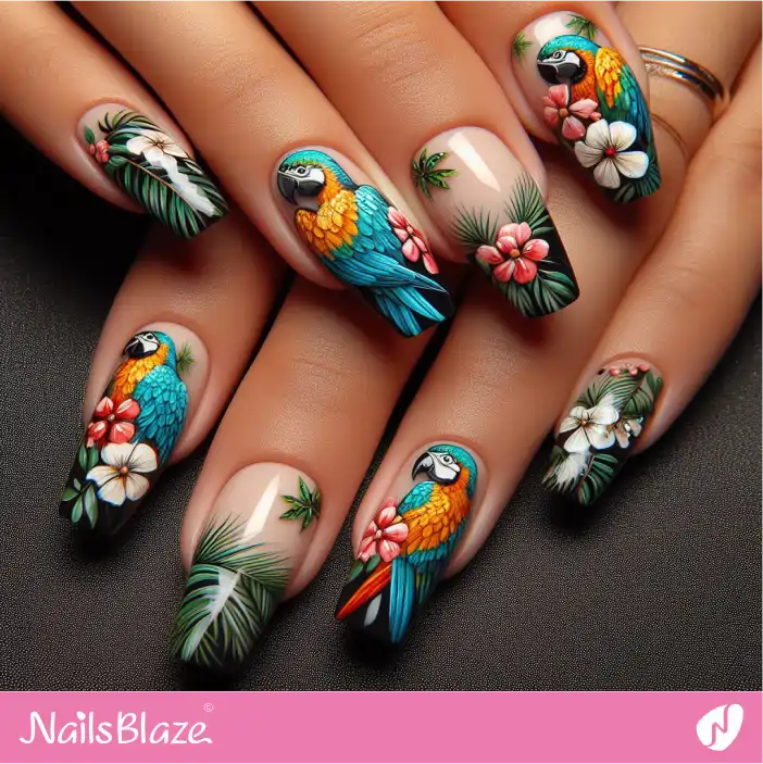 Tropical Parrots Floral Nail Design |Tropical-NB-D-499
