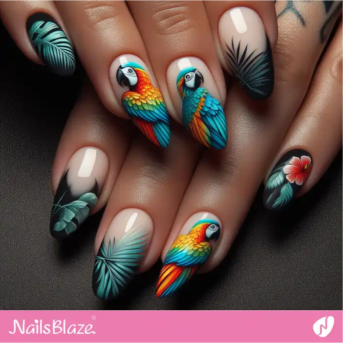 Tropical Parrots Black French with Leaf Nail Design|Tropical-NB-D-500