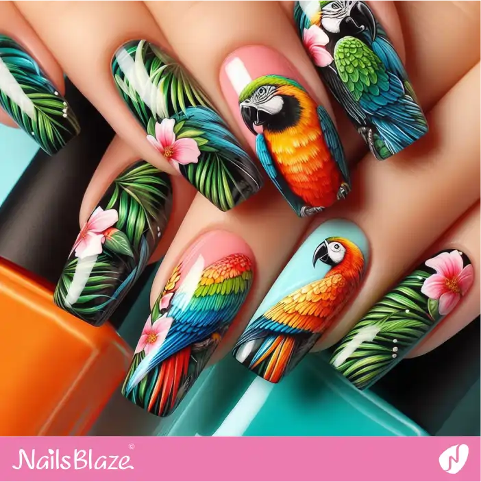 Green Leaf with Tropical Parrots Nail Design|Tropical-NB-D-501