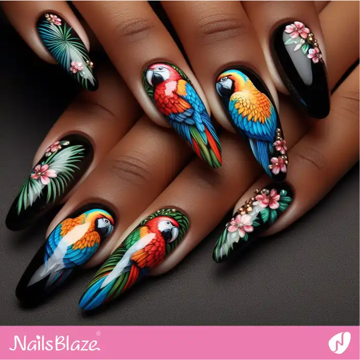 Blossom and Tropical Parrots on Black Nail Design|Tropical-NB-D-502
