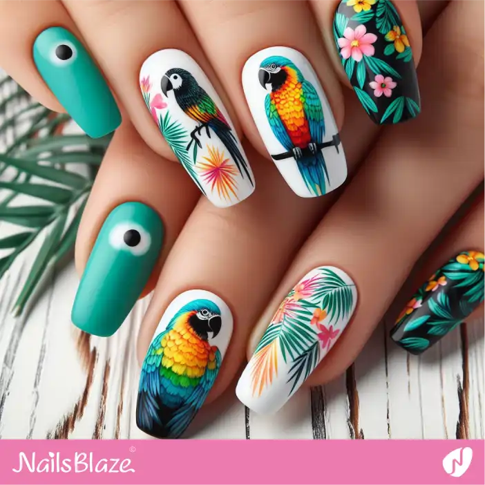 Tropical Parrots on White Nails with Tulip Nail Art|Tropical-NB-D-504