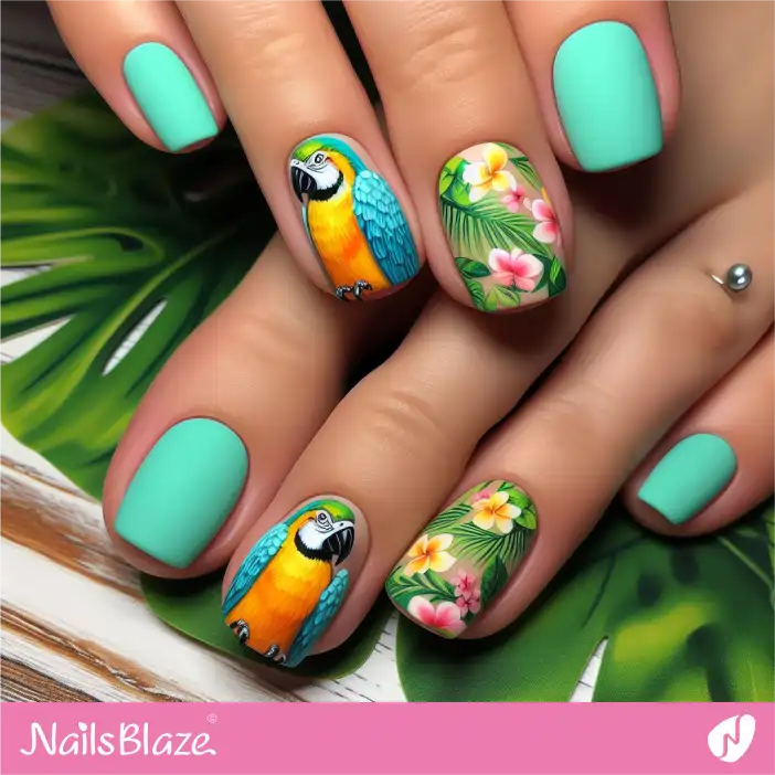 Turquoise Color with Tropical Parrots Nail Design |Tropical-NB-D-446