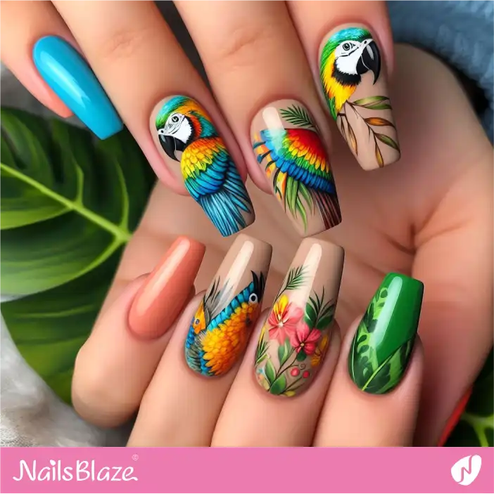 Tropical Parrots with Flower Nail Design |Tropical-NB-D-445