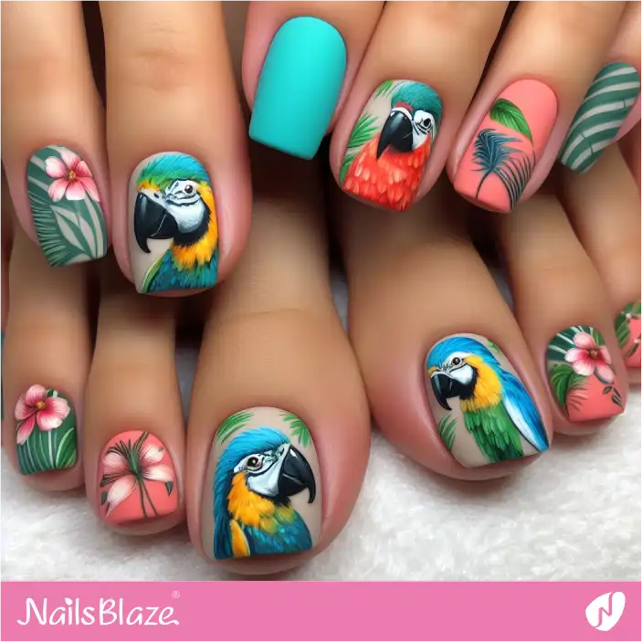 Tropical Parrots Matte Pedicure Nail Design |Tropical-NB-D-444