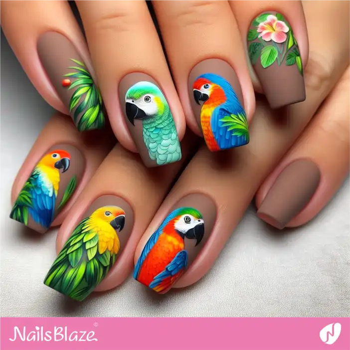 Tropical Parrots on Brown Matte Nail Design |Tropical-NB-D-443