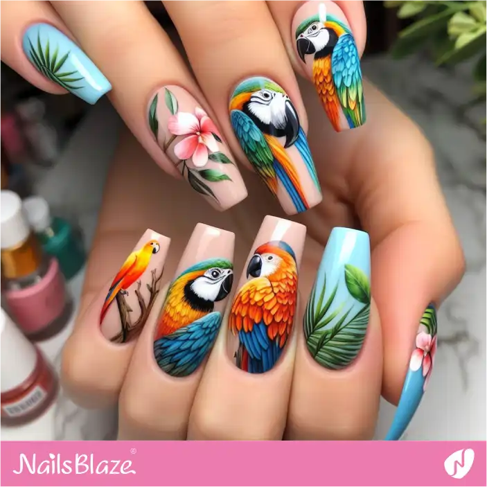 Tropical Parrots Glossy Long Nail Design |Tropical-NB-D-442