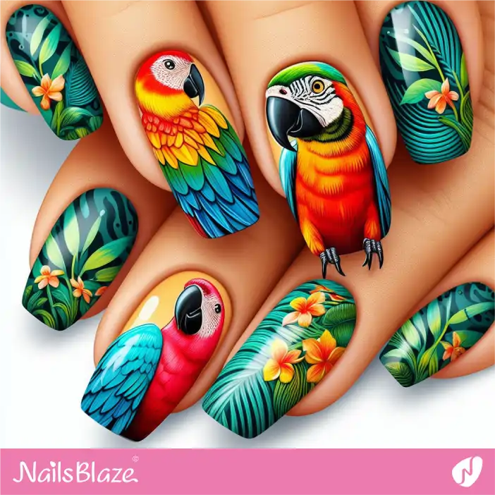 Tropical Parrots Colorful Nail Design |Tropical-NB-D-441