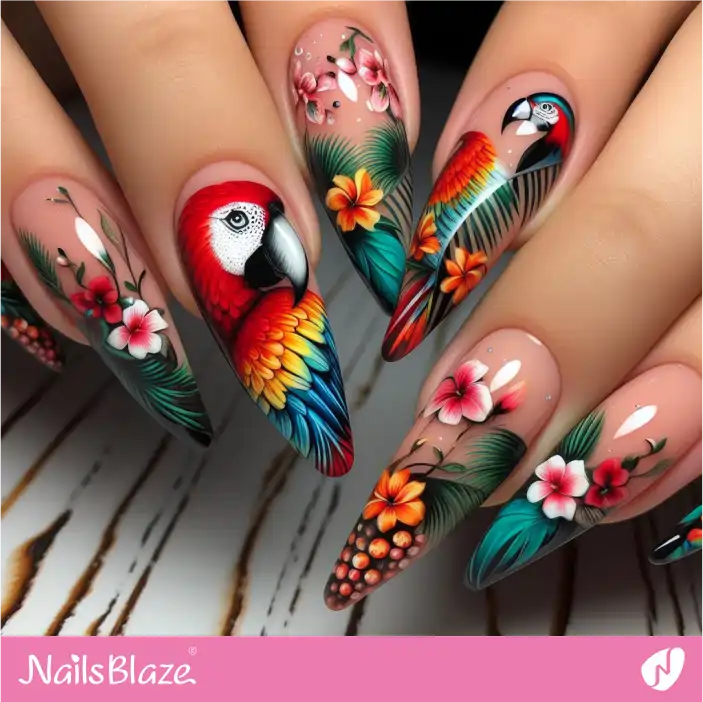 Tropical Parrots Tulip Almond Nail Design |Tropical-NB-D-452