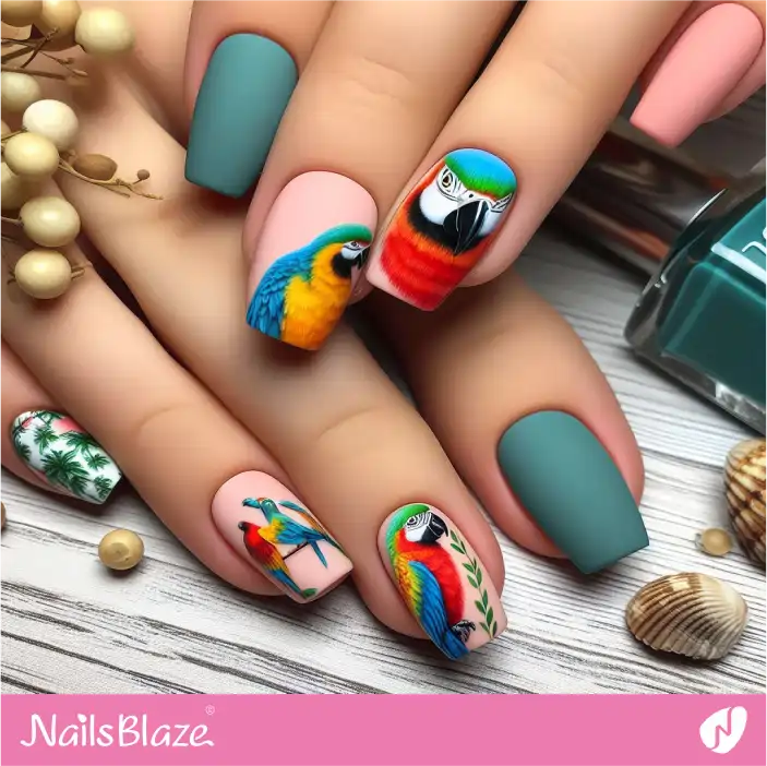 Tropical Parrots Pink and Gray Minimal Nail Design |Tropical-NB-D-450