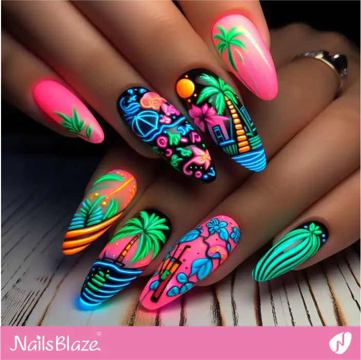 Neon Nails with Tropical Palm Tree Design| Tropical-NB-D-607