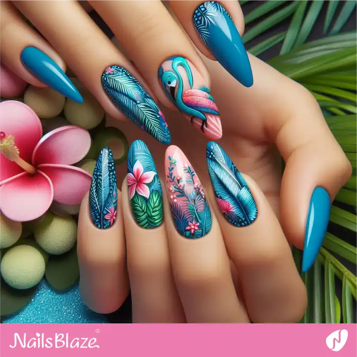 Blue Tropical Leaf  with Flamingo Nail Design| Tropical-NB-D-608