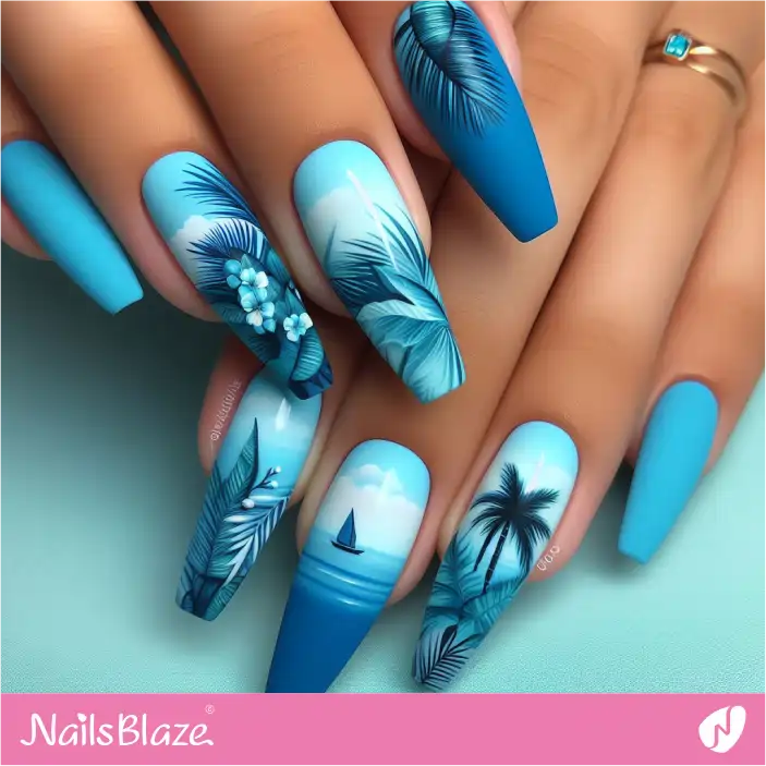 Blue Matte Tropical Leaf  Nail Design| Tropical-NB-D-609