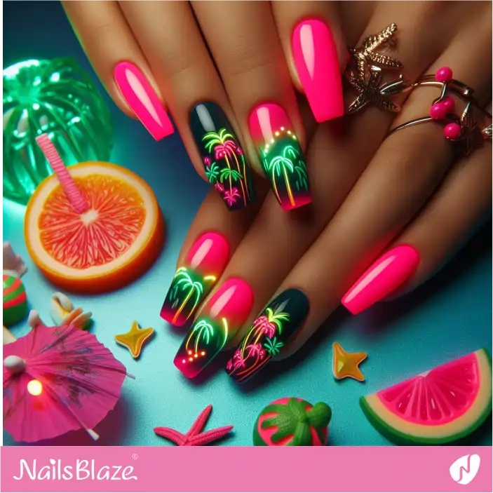 Neon Hot Pink  Nails with Tropical Palm Tree Design| Tropical-NB-D-610