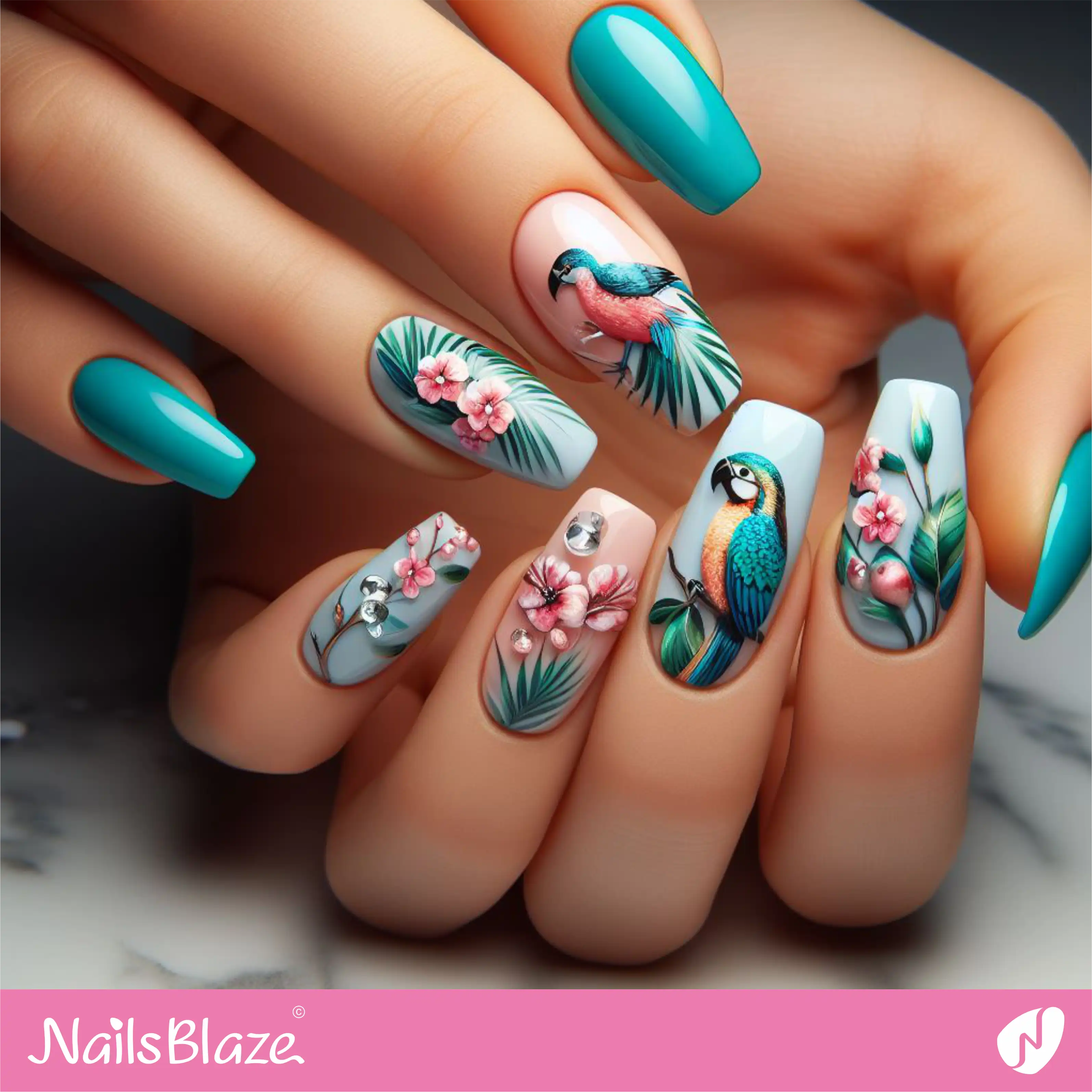 Tropical Flower with Animal Print Nail Design| Tropical-NB-D-220