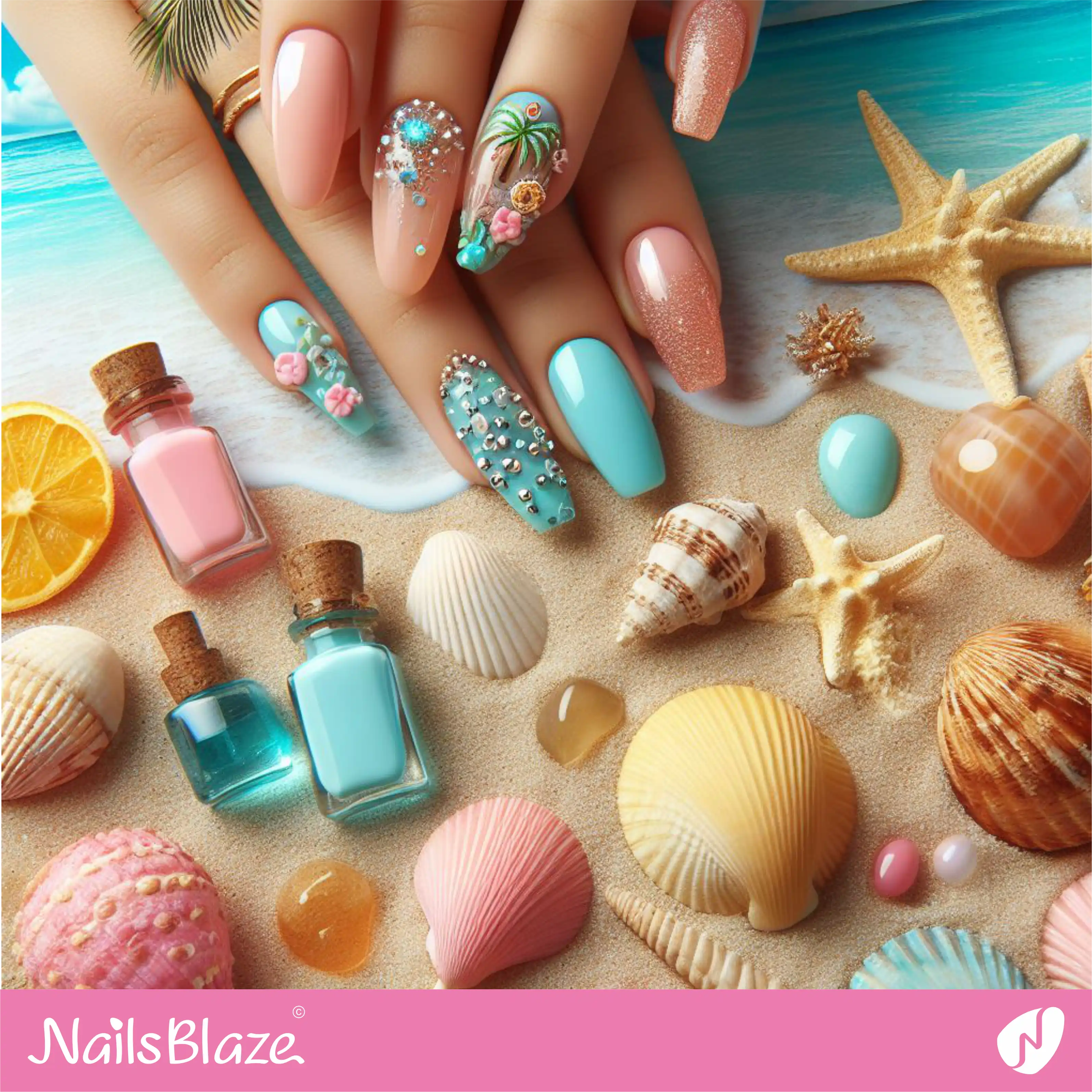Tropical Pink and Blue Tips Nail Design| Tropical-NB-D-221
