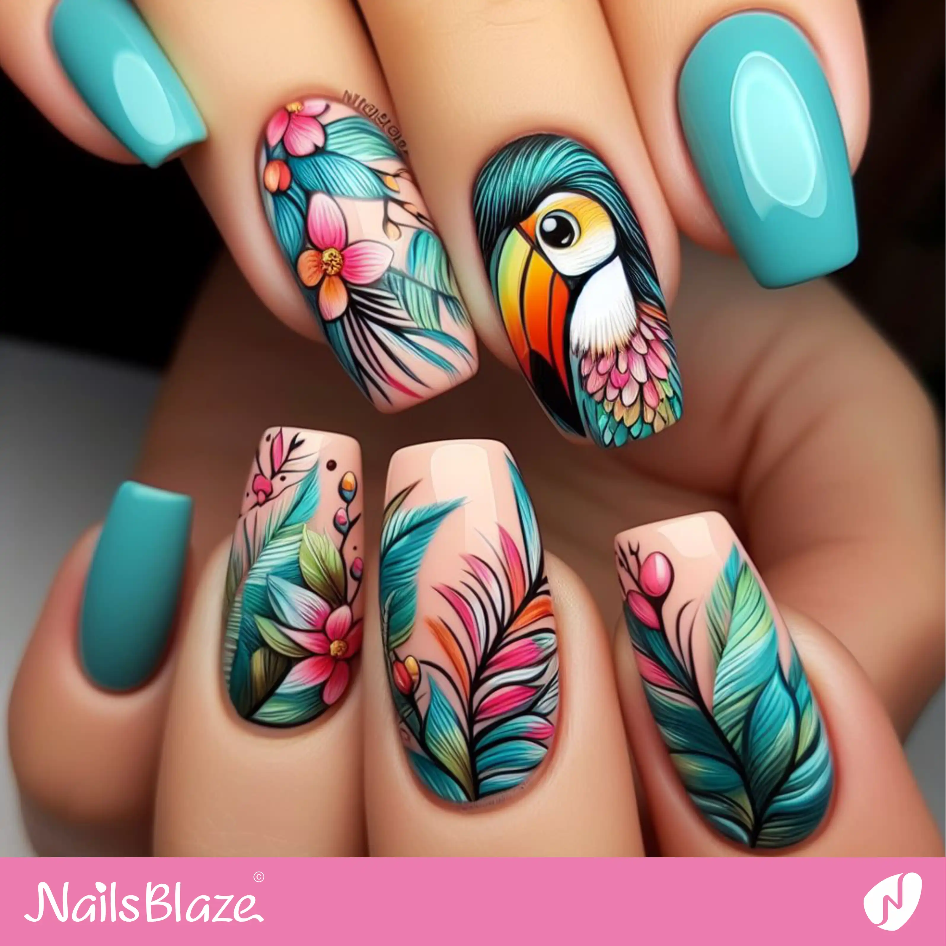 Tropical Turquoise Color Nail Design| Tropical-NB-D-228