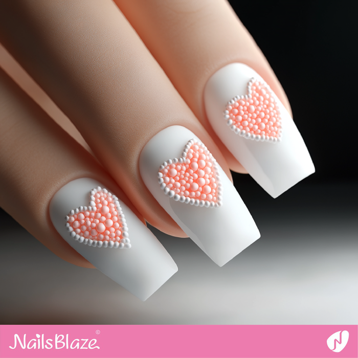 White Nails with 3D Hearts for Valentine | 3D Valentine